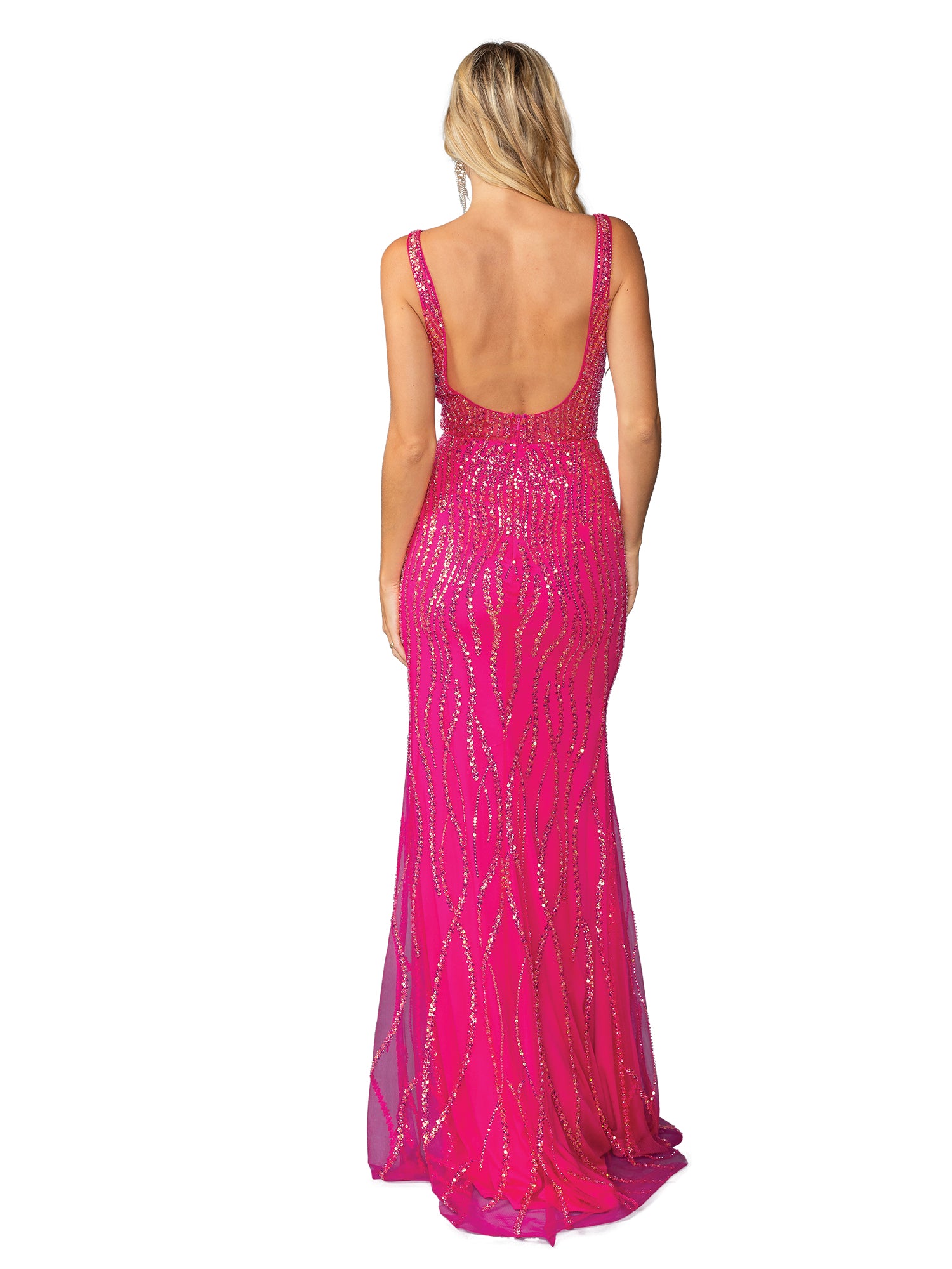 A woman with blonde hair wears the Long Sequin-Print Prom Dress, Dancing Queen 4418—a bright pink, floor-length gown with sequins and a low-cut back—while standing facing away from the camera.